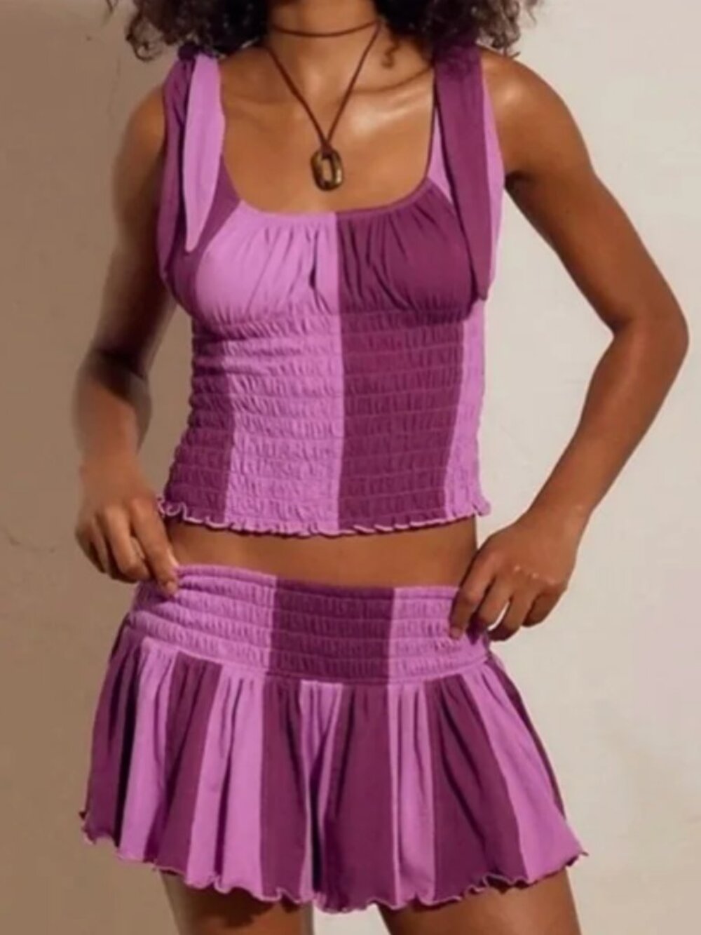 Free People Women's Cute and Smocked Striped Short Set In Grape - Size S. NWT - Picture 3 of 7